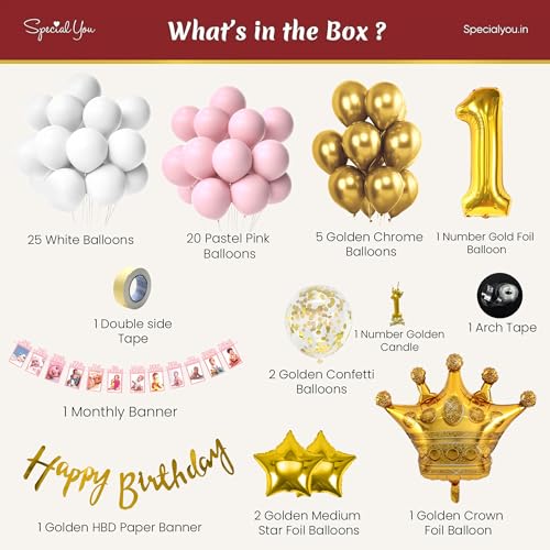 Image of SpecialYou.in 1st Birthday Decoration for Baby Girl with Gold, Pink & White Balloons for Decoration, Crown, Star Foil Balloon, First Birthday Decoration for Baby Girl- 61 Pcs