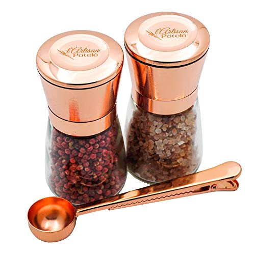 l'Artisan PotelÃ© Salt and Pepper Grinders Refillable | Stainless Steel Salt and Pepper Grinder Set in Rose Gold/Copper Color w/ Ceramic Grinder & Glass Body for Pepper, Himalayan Sea Salt or Spices