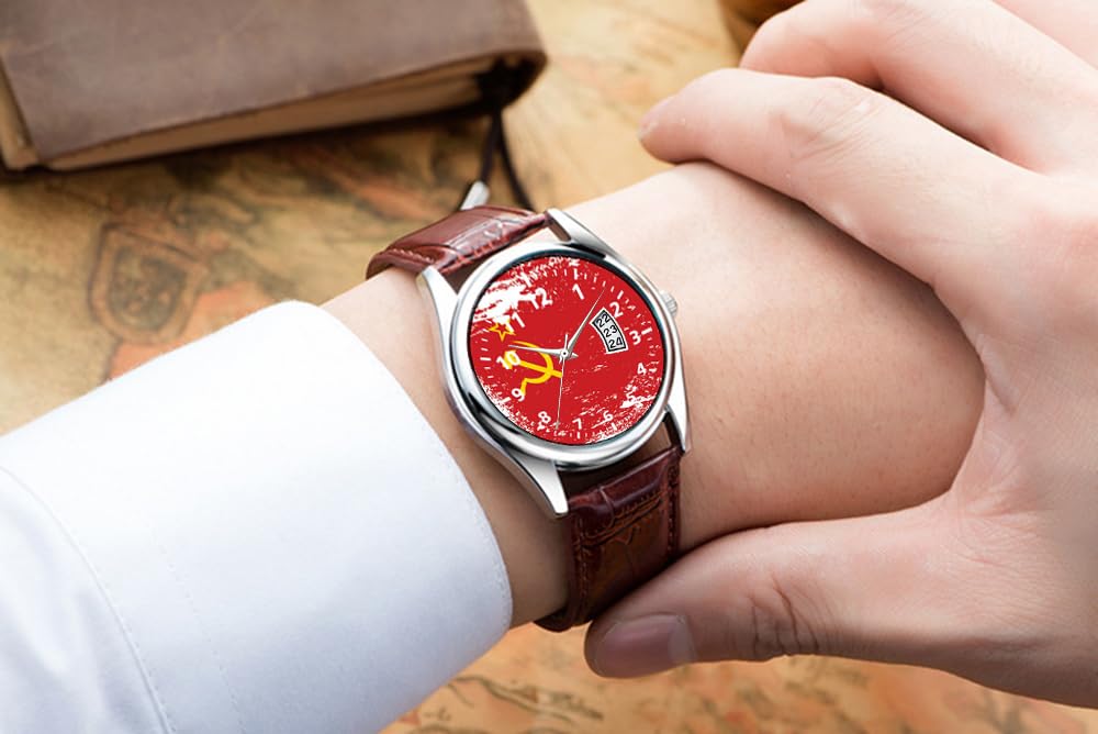 Orologio da uomo casual, impermeabile, al quarzo, con data, classico, in pelle marrone, orologio da polso natalizio con bandiera dell'Unione Sovietica, motivo: bandiera dell'URSS, Marrone, Commerciale