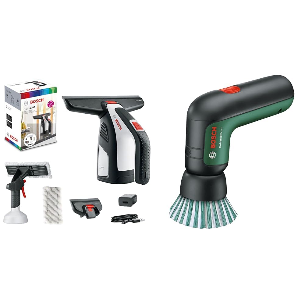 Bundle of Bosch Nettoyeur de vitres Glassvac, Blanc, GlassVAC Premium set + UniversalBrush (Batterie intégrée de 3,6 V, 1 câble Micro USB et 4 Accessoires de Nettoyage fournis)