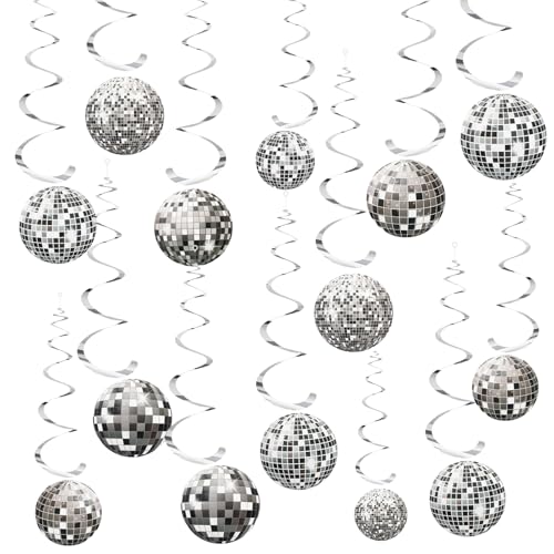 36 peças de decoração de bola de discoteca, decoração de festa de discoteca dos anos 70, redemoinhos suspensos de festa de discoteca, serpentinas pendentes de prata para decoração de teto