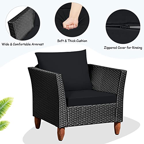 Tangkula 3 Piece Patio Furniture Set, Patiojoy Outdoor Wicker Rattan Bistro Sofa Set W/Washable Cushion, Acacia Wood Top Coffee Table, Conversation Set W/Adjustable Feet For Balcony Backyard Porch #TOP6