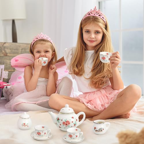 Image of Porcelain Tea Set for Girls, Tea Party Set for Little Girls, Kids Tea Set Kitchen Pretend Play, Princess Tea Time Playset with Ceramic Teapot Cups Carry Case, Toddler Girl Toys Birthday Gifts Age 3+