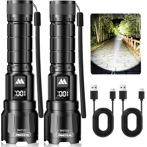 WdtPro Rechargeable Flashlights 2 Pack, Super Bright LED High Lumens Tactical Flash Light with LCD Battery Display, Zoomable 3 Modes, Powerful Handheld Flashlights for Home Emergencies Camping Outdoor