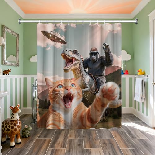 Image of Extra Tall Shower Curtain XL Fun Cat Dinosaur, 70 x 78 Inchs | for Extra Long 78 Inchs Shower, Cool Monkey Novelty Design, Large Bathroom Decor Sets Waterproof Cloth Fabric, with Hooks