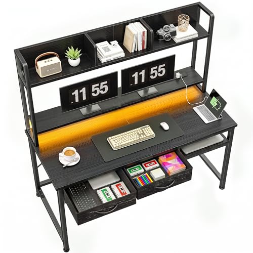 Image of DurayLoly Computer Desk with Shelves and Drawers for Bedroom,Black | Neck&Waist Strain Relief Monitor Stand, Vision-protect RGB LED Suited for Students&Office Sitters