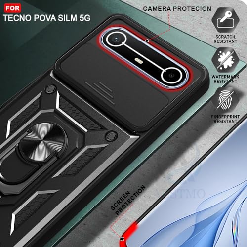 Image of AESTMO Tough Armor Tecno Pova Slim 5G Bumper Back Case Cover | Ring Holder & Sliding Camera Shield Cover | 360 Degree Protection Back Case Cover for Tecno Pova Slim 5G (Black)