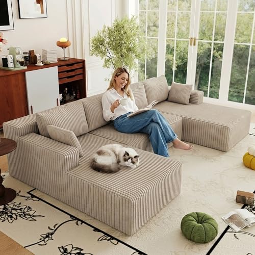 Image of 124 inch Cloud Sectional Couch,Modern U-Shaped Boneless Couch with Deep Seat,Comfy Corduroy Sofa,Memory Foam Sofa for Living Room,No Assembly Required (Camel)