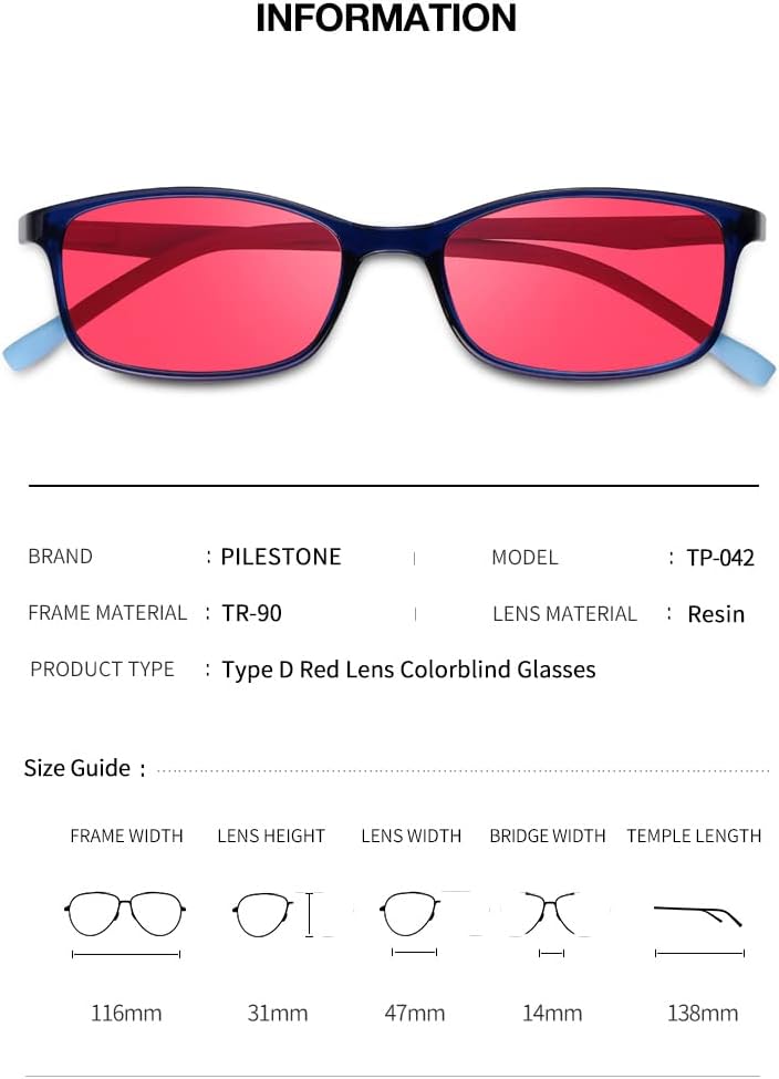 Pilestone TP-042 Lens D Color Blind Glasses 10-Year-Old Kid Frame for Red Blindness Indoor and Outdoor Use