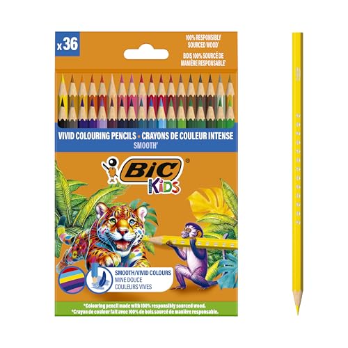 BIC Kids Crayons de Couleur Fabriqués avec 100% de bois sourcé de manière responsable, Crayons de dessin pour Enfants à couleurs vives - Couleurs assorties, Lot de 36