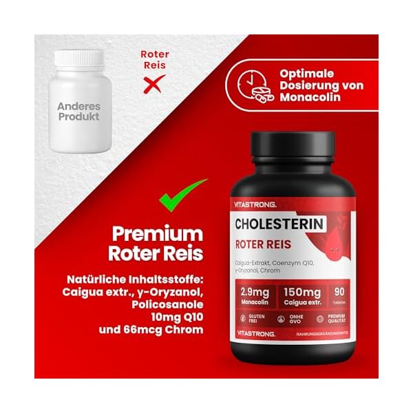 CHOLESTERIN - Nahrungsergänzungsmittel - Roter Reis, Caigua, γ-Oryzanol, Policosanol, Coenzym Q10 und Chrom - 90 Tabletten - Qualität Vitastrong – Bild 6