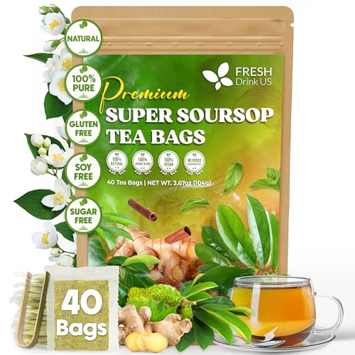 Image of FreshDrinkUS, Super Soursop Herbal Tea - 40 Tea Bags | Soursop, Ginger, Turmeric, Lemongrass, Cinnamon, Black Pepper & Peppermint | Caffeine-Free, Natural Flavor, Plant-Based Blend | Sugar-Free