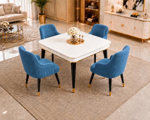 Image of WOODEN SPACE 4 Seater Wooden Dining Table Set | Urban Marble Top Dining Table with Chairs for Dining Room & Kitchen (Modern Zyro Blue) (42 x 42 x 30 inch)