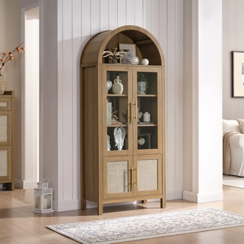 Image of 71 inch Tall Arched Display Cabinet, 5-Tier Bookshelf Modern Farmhouse Arched Bookcase with Glass Doors and Shelves, Wooden Pantry Storage Cabinet for Living Room, Office and Kitchen, Caramel Oak