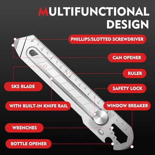 Image of BECOWIN 2 Pack 7-in-1 Retractable Stainless Steel Utility Knife, Heavy Duty Box Cutter with Safety Lock, 18mm Snap-Off Blade Compatible, Multi Tool for Home, Office, Warehouse (Blades Not Included)
