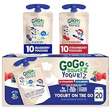 GoGo squeeZ yogurtZ Variety Pack, Blueberry, Strawberry 3 oz 20 Pouches - Kids Snacks Made from Real Yogurt & Fruit - Pantry Friendly - No Fridge Needed - No Preservatives - Kosher - Gluten Free