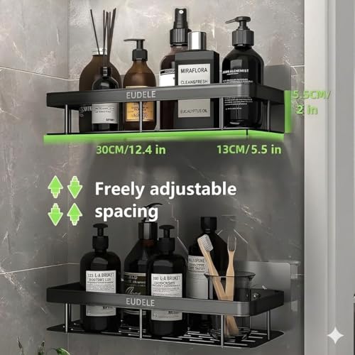 Image of EUDELE Aluminium Pack of 2, Self Adhesive Bathroom Shelf for Wall Shelf Organizer Wall Mounted Bathroom Shelves Rack Holder Stand for Bathroom Accessories Organiser Without Drill Black