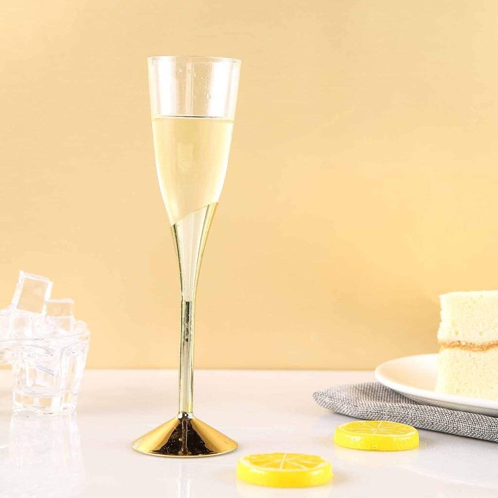 Efavormart 30 Pack | 5 oz | Plastic Champagne Flutes Disposable | Gold | Colored Detachable Base