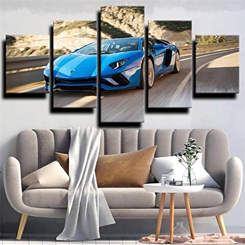 Tableau voiture sport bleu en 5 pièces pour décoration de salon moderne