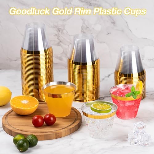 Goodluck 100PCS 9oz Gold Plastic Cups, Clear Plastic Cups with Gold Rim,Heavy Duty Disposable Hard Plastic Cups,Plastic Cocktail Glasses for Wedding Thanksgiving, Christmas, and Parties - 5