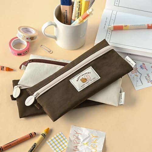 Image of Monolike Happy and Lucky Flat Pencil Case, Brown - Slim Water-Resistant Nylon Pen Pouch, Aesthetic Pastel Stationery Organizer for Office