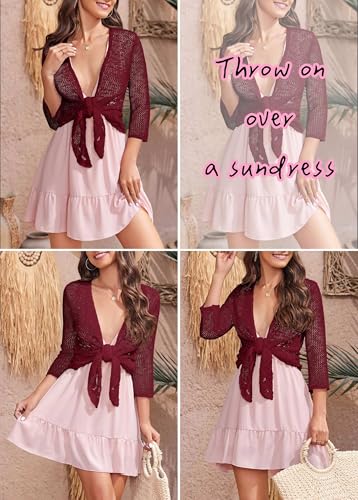 Image of Nulibenna Womens Sheer Shrug Sweaters 3 /4 Sleeve Open Front Tie Cardigan Bolero Jacket Lightweight Crochet Knit Cover Up Tops