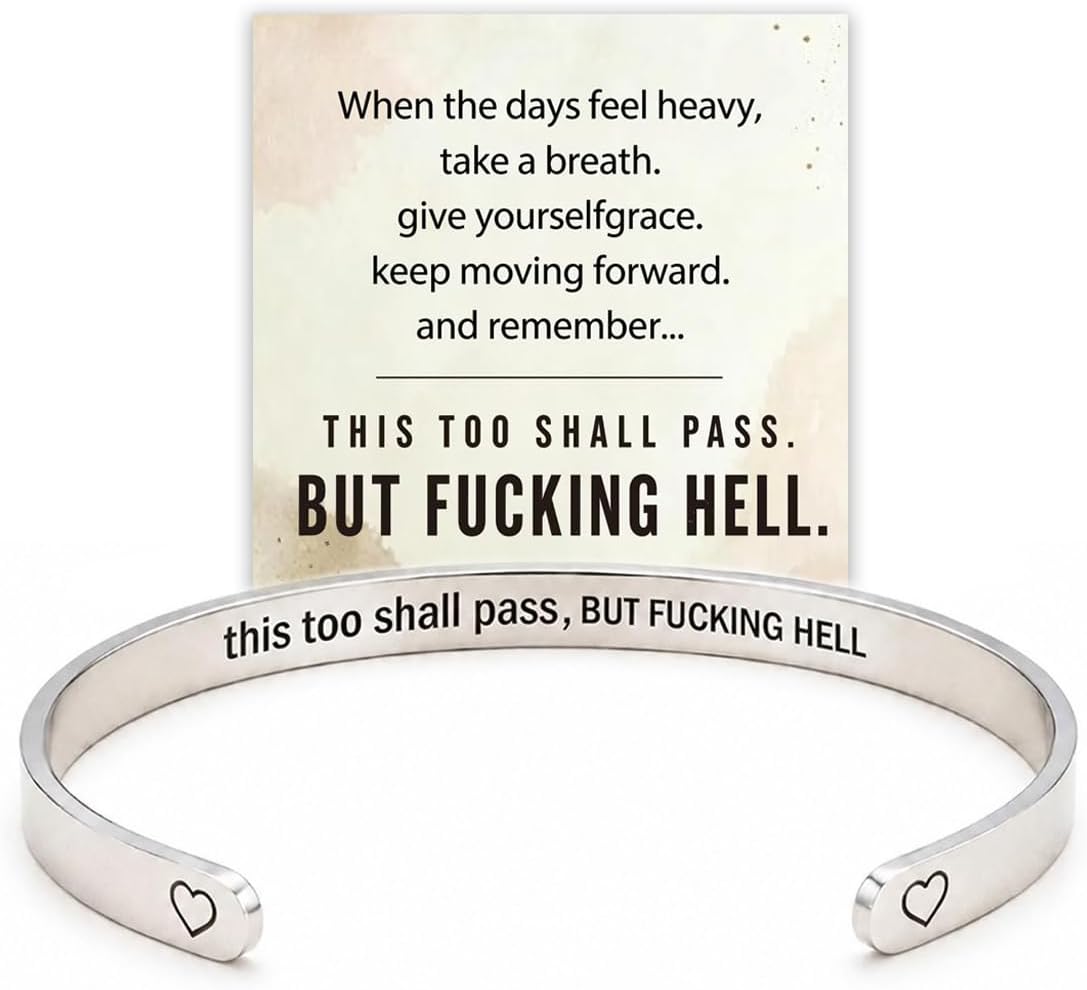 This Too Shall Pass Mantra Cuff Bracelet for Women, Inspirational Engraved Bangle, Motivational Jewelry Gift for Her, Encouragement Strength Reminder Bracelet