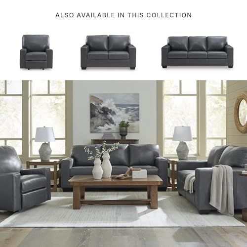 Image of Signature Design by Ashley Blue Leather Match Sofa, No Assembly Required | Combination of leather and faux leather, Anti-sag platform foundation, Track arms, Faux wood feet, Bolsena Series