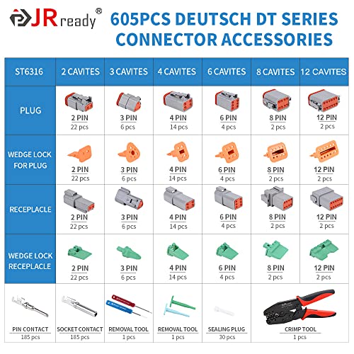 JRready ST6316 DT Deutsch Connector Kit, 2 Pin Connector,3,4,6,8,12 Pin Connector, Deutsch Crimp Tool (ACT-LY-16DT), Size 16 Stamped Contacts, Deutsch pin Kit