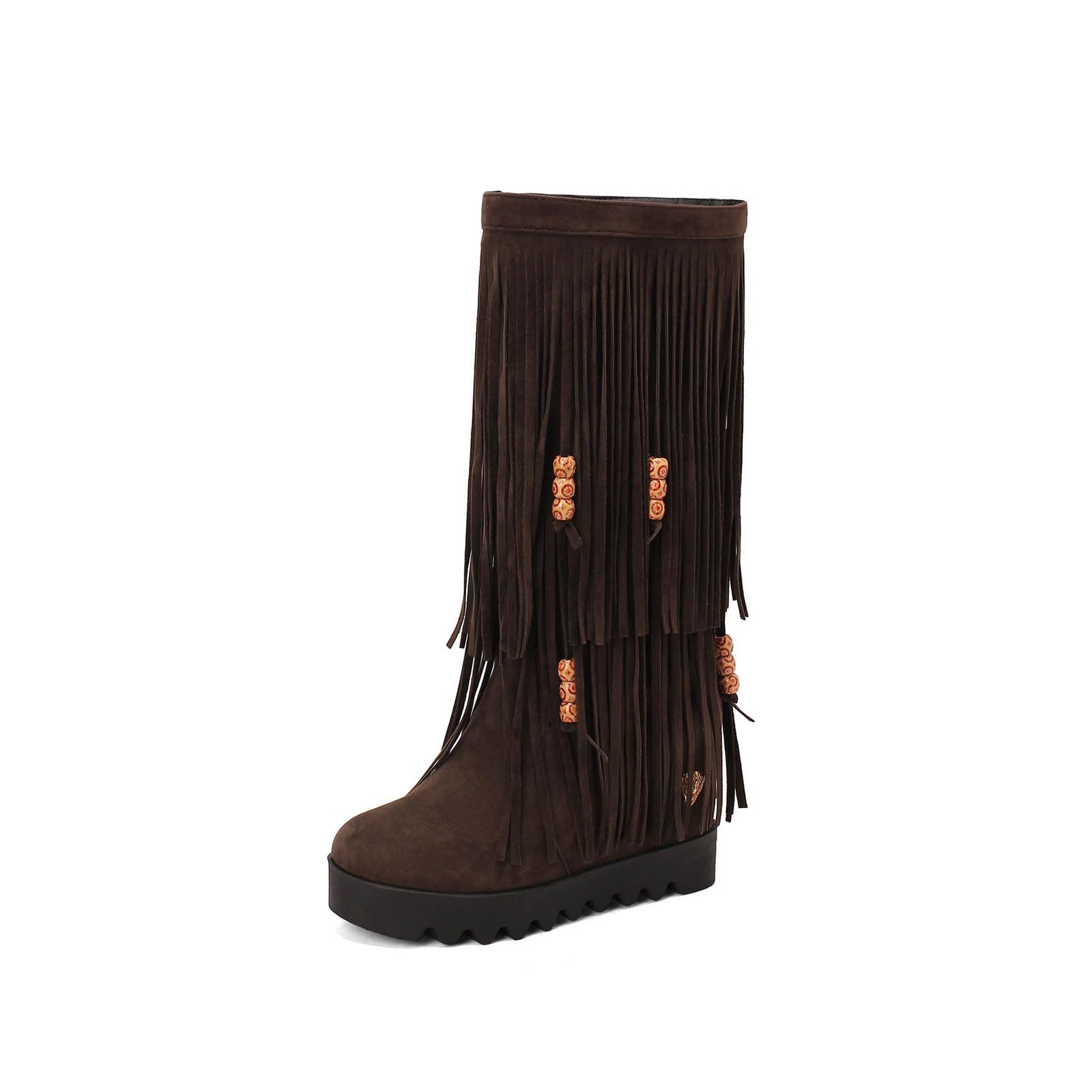 Women Mid Calf Fringe Hidden Wedge Boots Vintage Beading Tassel Round Toe Suede Cowgirl Hippie Moccasin Winter Warm