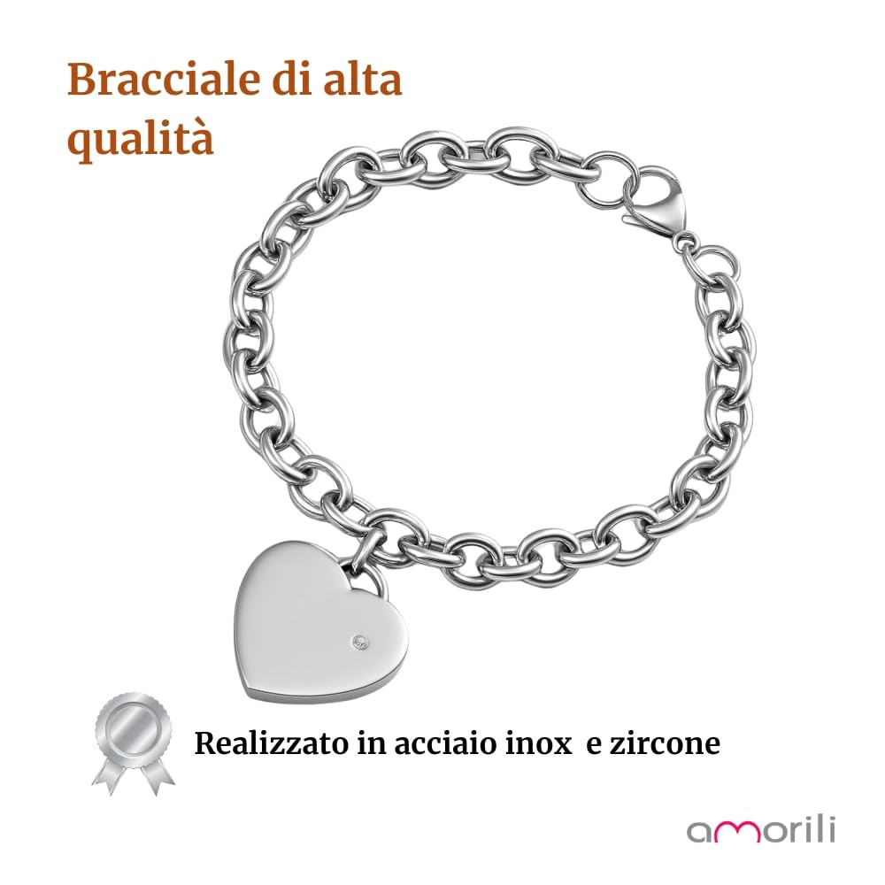 Bracciale Personalizzato Donna con Cuore in Acciaio Inox | Personalizzabile con Incisione | Gioiello Romantico ed Elegante | Idea Regalo per Lei bcc1688