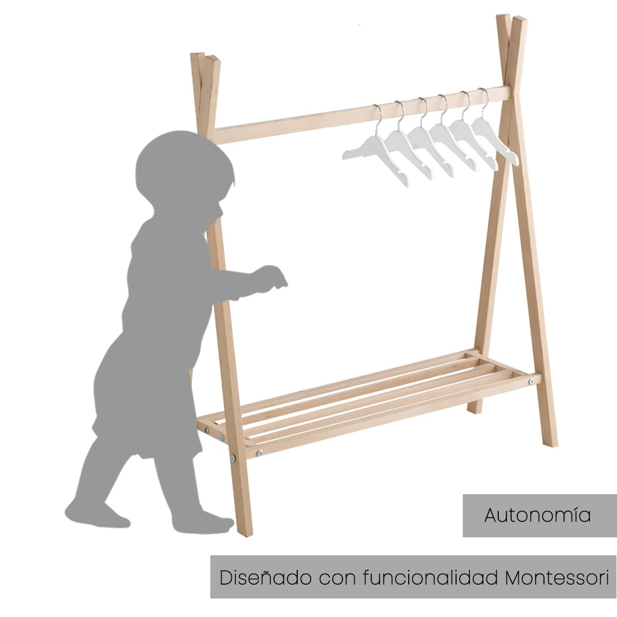 MIMUSELINA Perchero niños Perchero Tipi de madera Burro colgador abrigos ropa bebé autonomía del niño, perchero madera decoración habitación infantil (Madera Haya NATURAL)
