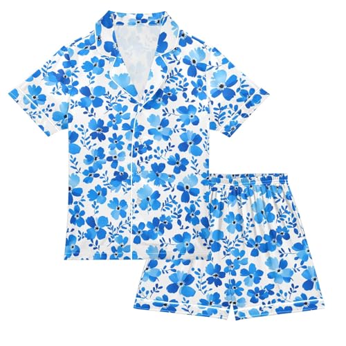 Blue Flower Leaves Pattern Summer Satin Pajama Set, Cute Button-Down Sleepwear Pj Set for Sleep Wears