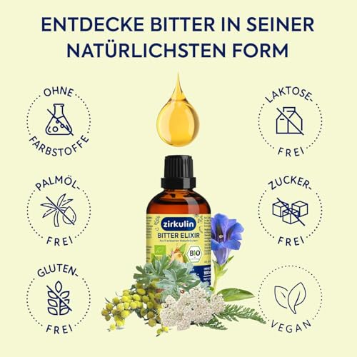 Zirkulin Bitter-Elixir – Bio Bittertropfen 100ml - Bitterstoffe aus 11 erlesenen Kräutern 4-8:1 Extrakt – Hildegard von Bingen – vegan, zuckerfrei – Reichweite 3600 Tropfen