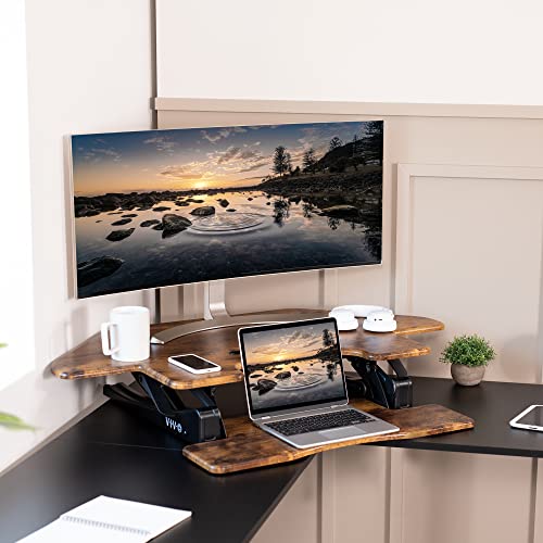 Image of VIVO Rustic Vintage Brown 43 inch Corner Desk Converter, DESK-V000VCN | Large, Height Adjustable, Stand Up Desk Riser, Wide Keyboard Tray, Dual Monitor and Laptop Workstation, Black Frame, V Series