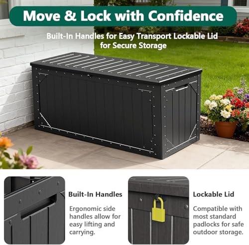 FurniEdge 100 Gallon Outdoor Storage Box, Lockable Resin Deck Box for Patio Cushions, Throw Pillows, Garden Tools, Weatherproof Large Outdoor Storage Bench for Yard, Porch, or Balcony