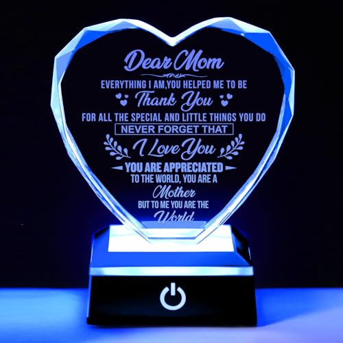 ZHSHWAT Crystal Heart Keepsake with Color-Changing LED Base for Mom Engraved Dear Mom Gift from DaughterSon Birthday, Mother's Day, Christmas, Anniversary Presents for Her