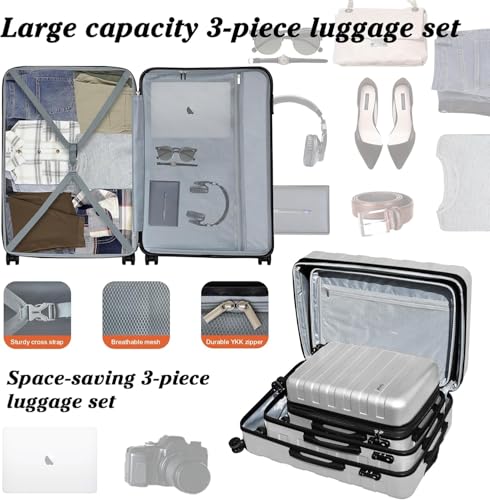 Image of KEYTANG Hardside Expandable Spinner Wheels Luggage Suitcase W /TSA Lock, Silver, 555-3pcs