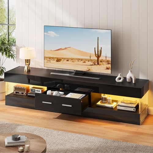 Image of Bestier 67 inch Modern TV Stand for 75 Inch TV, LED Entertainment Center, Black | Fits up to 75 in TV, High Gloss with Stone Pattern Doors, Storage Drawer & Shelves, 7-Color LED Lights for Living Room