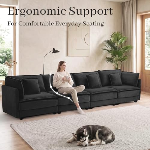 Image of Corduroy Sectional Couch, 4 Seater 149.2 inch Cloud Couch, Modular Deep Seat Sofa with Pillows for Living Room, Apartment, Black