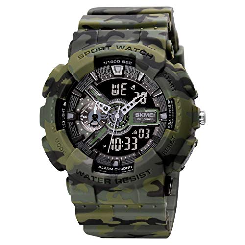SKMEI Men’s Digital Sports Watch, LED Square Large Face Analog Quartz Wrist Watch with Multi-Time Zone Waterproof Stopwatch