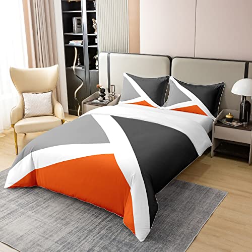 Kids Geometric Abstract Cotton Duvet Cover Set Single Size Grey Orange Stripe Comforter Cover Set for Kids Women Men Modern Triangle Decor Bedding Set Bedspread Cover Bedding Collection 2Pcs - Image 2