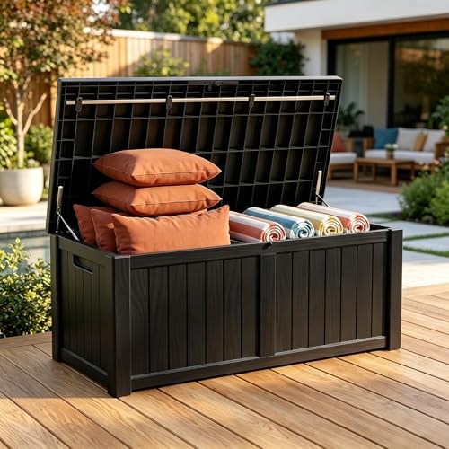 Image of 121 Gallon Resin Deck Box for Patio - Outdoor Storage Chest for Patio Furniture Cushions, Garden Tools, Pool Accessories - Lockable, Waterproof, All-Weather, Wood Grain Design, Easy Assembly