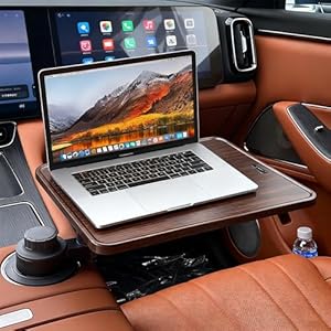 Escritorio de madera para computadora portátil, bandeja de mesa giratoria de 360° para conductores y pasajeros, accesorios de automóvil compatibles con Tesla Model Y/3/S, Ford F150/Explorer