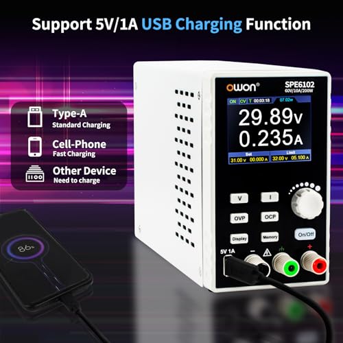 Image of OWON Lab Power Supply (0-60V 0-10 A), Programmable 200w Bench DC Power Supply with 2.8 inch LCD Display and Output Enable /Disable Button,Single Channel Output with PC Software and USB Charging SPE6102