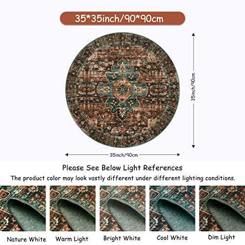 Moynesa Ultra-Thin Washable Round Rug - 3Ft Brown Entryway Rug Low Pile Bathroom Circle Mat, Non Slip Non Shedding Indoor Kitchen Floor Accent Carpet for Bedroom Living Room Foyer Doorway