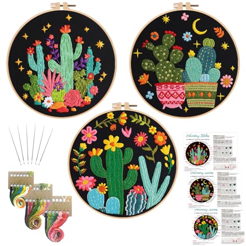 Nuberlic 3 Pack Embroidery Kit for Beginner Adults, Stamped Cross Stitch with Cactus Patterns Include 3 Hoop, Cloth Thread Needles and Instructions