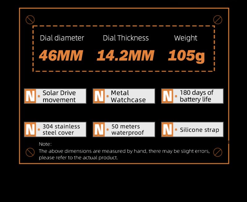 Infographic detailing watch specifications like dimensions, weight, and materials