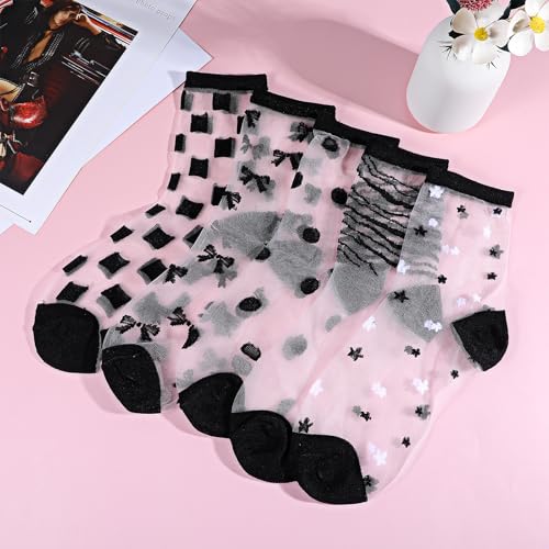 Image of Lusofie 5 Pairs Sheer Black See-Through Socks - Checkered Dot Striped Plaid Ankle Summer Socks for Women - Thin Fashion