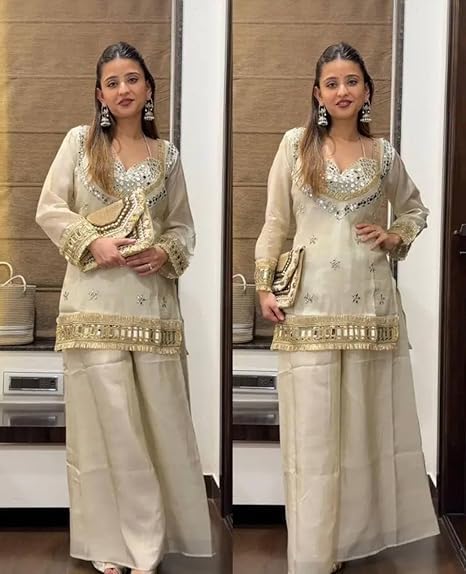 Fendy Silk Mirror Work Kurta Sharara with Dupatta Set For Women, Full Sleeve Ready-to-Wear Ethnic Party & Wedding Outfit